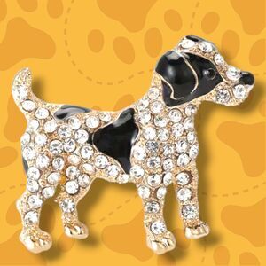 Dog Puppy Brooch Pin Black Enamel Clear Rhinestones